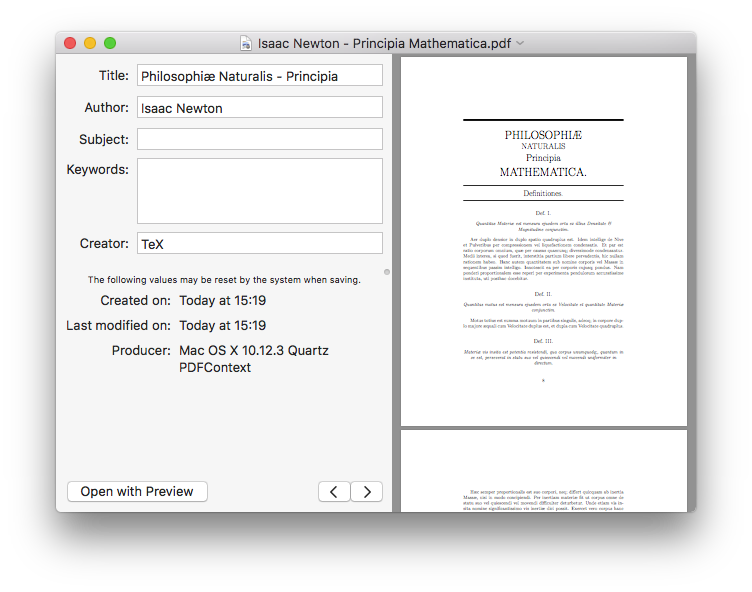 Screenshot showing editing metadata in a PDF of Isaac Newton's Principia Mathematica