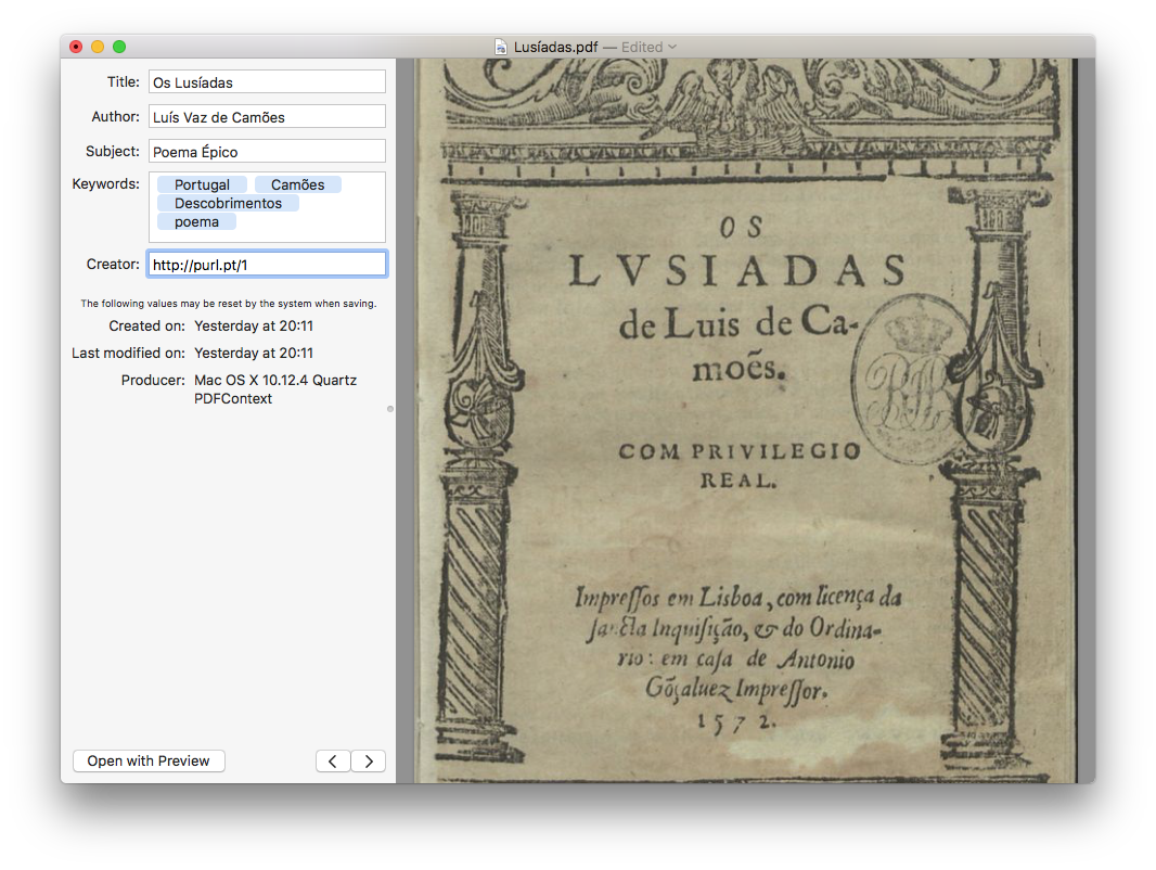 Screenshot demonstrativo da edição de metainformação nos Lusíadas de Luís de Camões